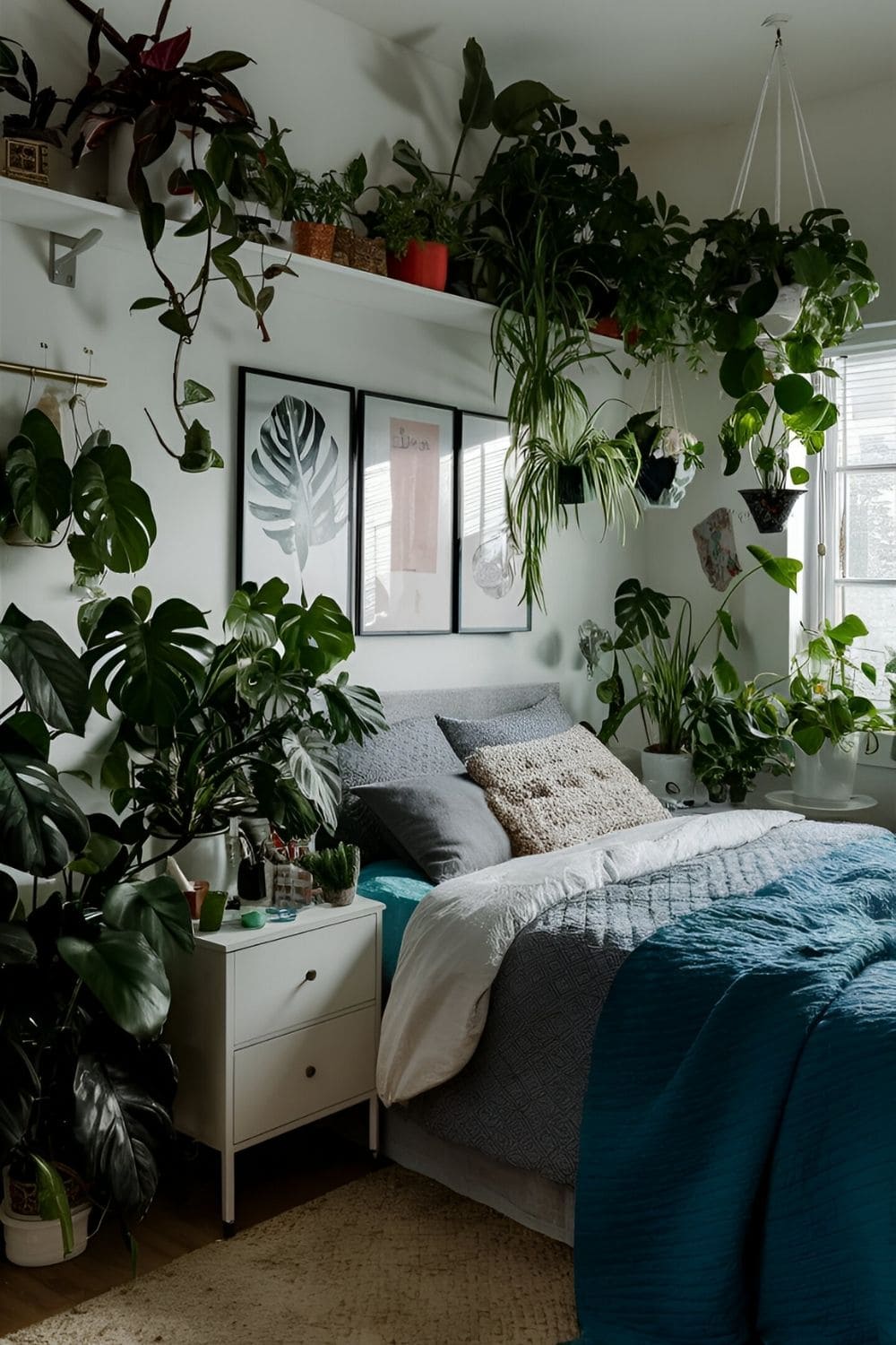 green bedroom with house plants