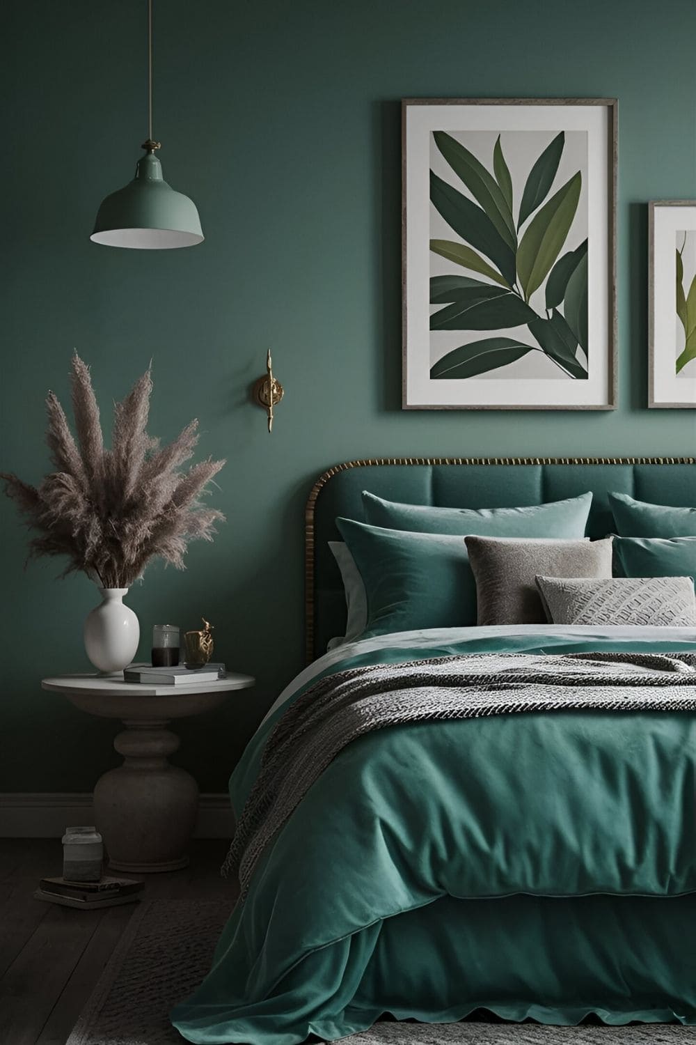 green bedroom with many green layered elements