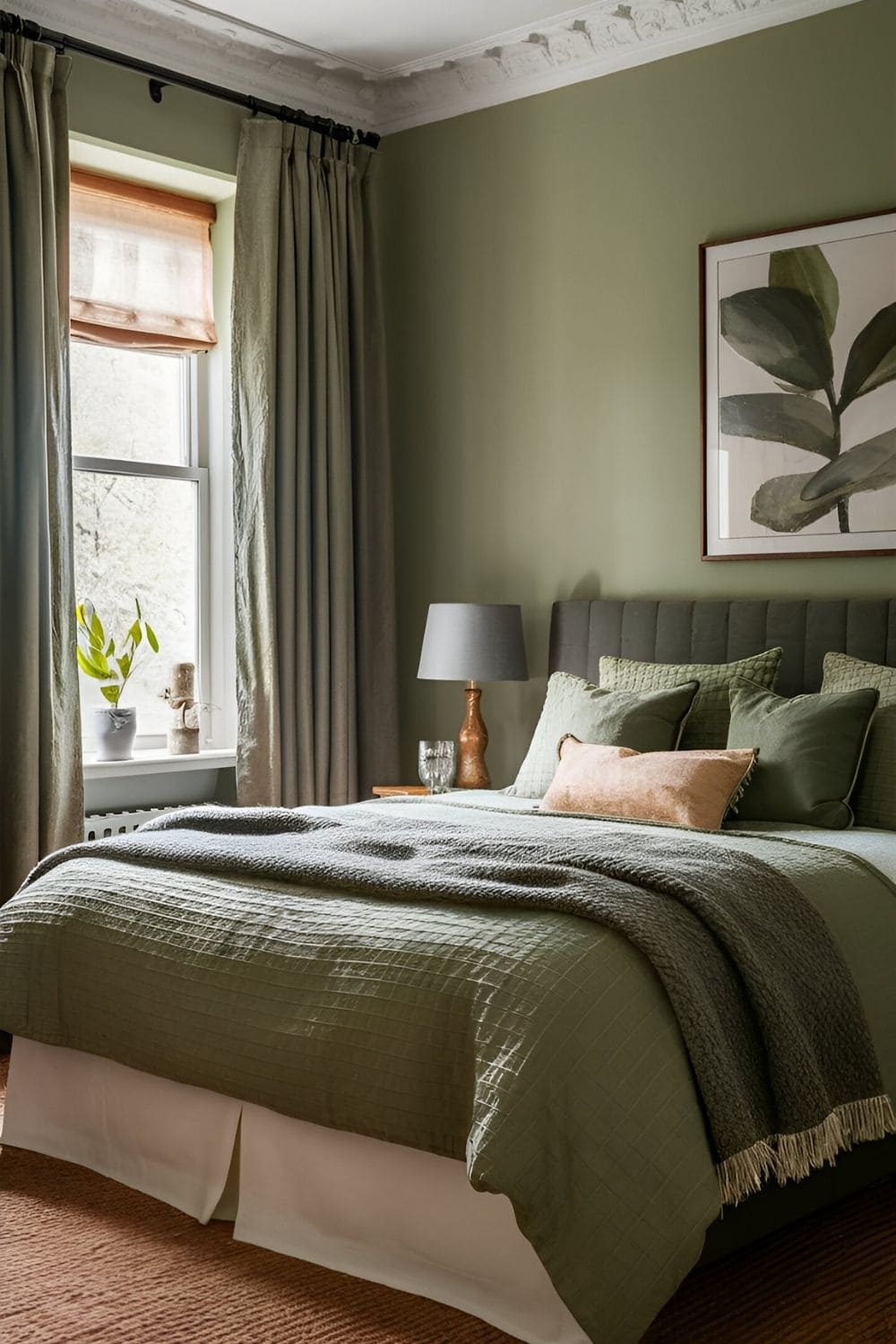 green bedroom with natural green textiles