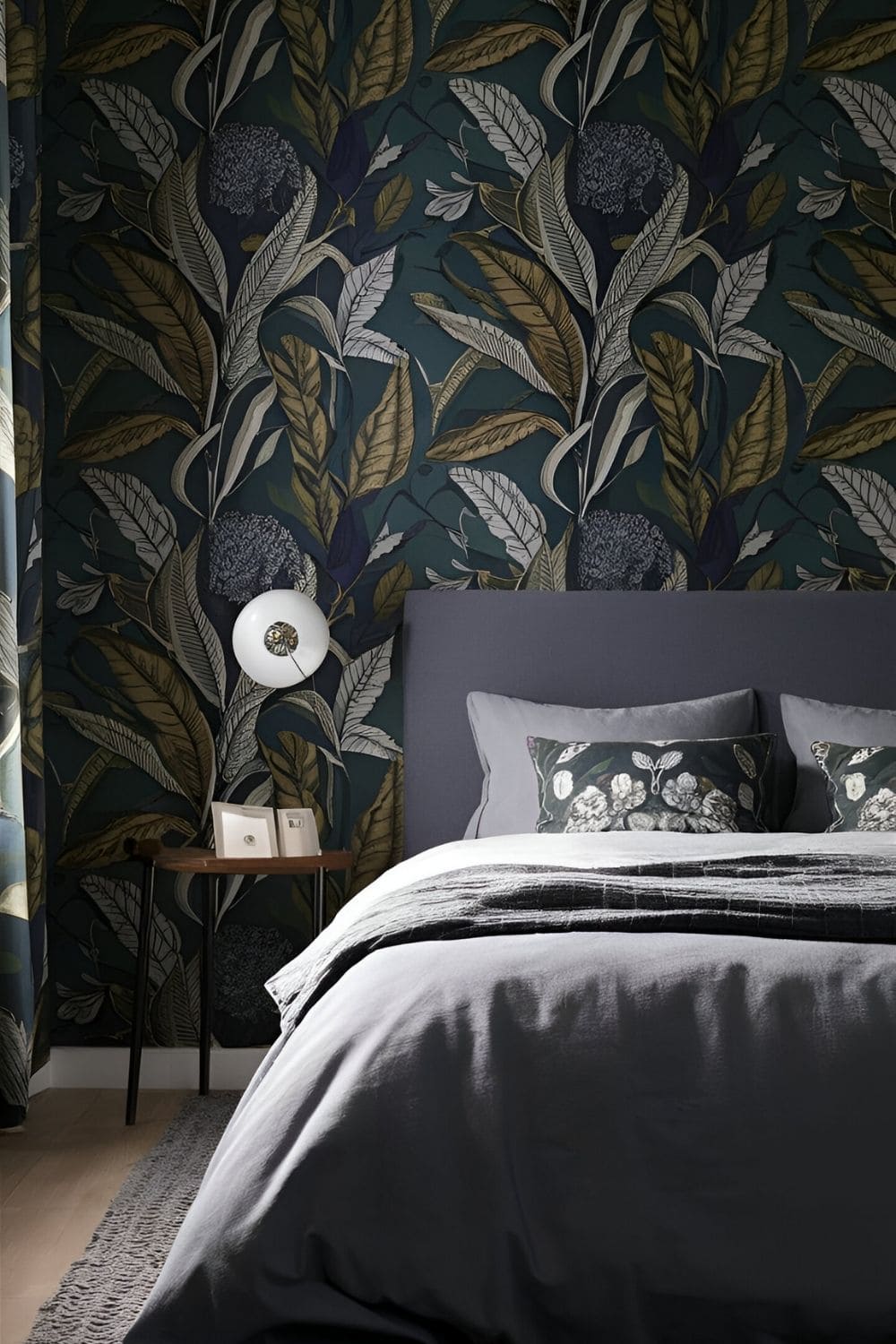 green bedroom with patterned wallpaper