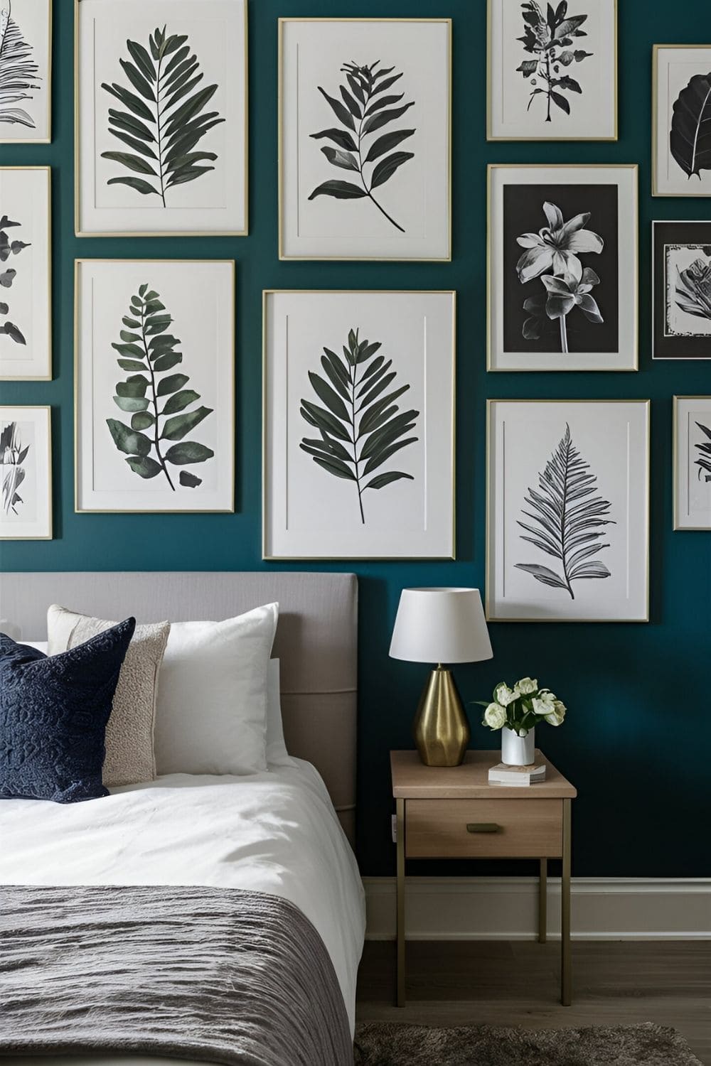 green bedroom with plant prints