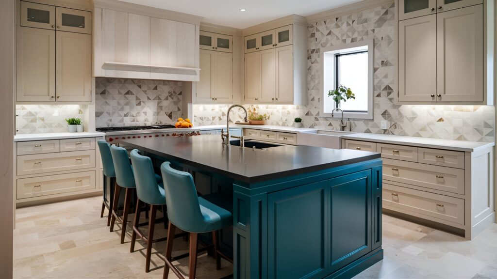 kitchen decor with a blue themed island