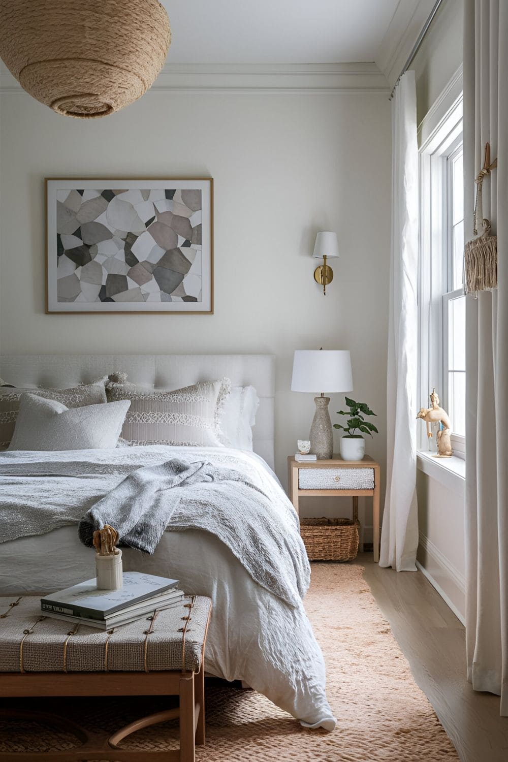 small bedroom with light bedding