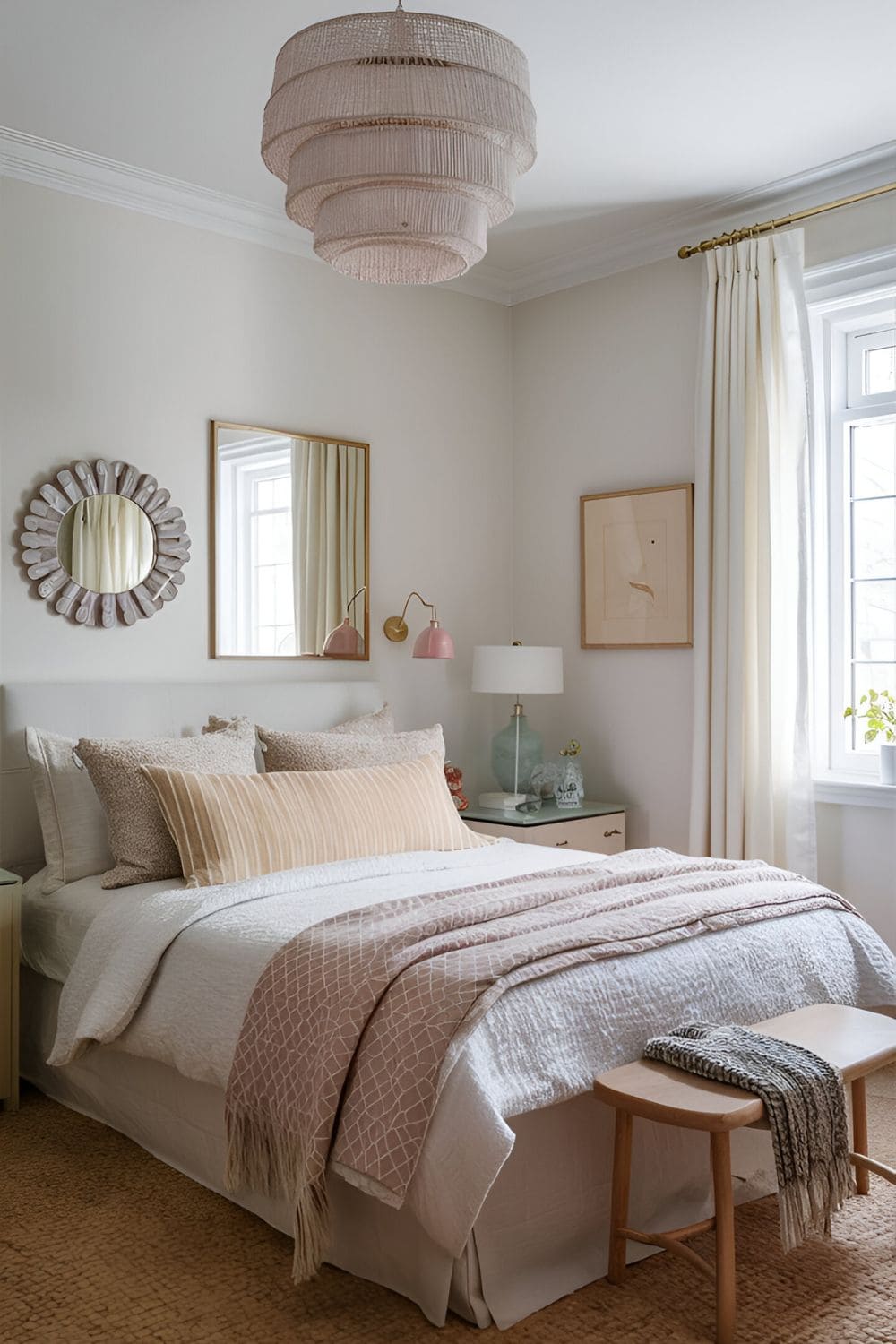 small bedroom with light color palette and mirrors