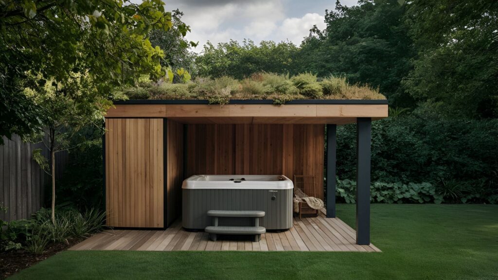 A hot tub structure featuring a green roof adorned with low-maintenance plants, providing insulation and a natural aesthetic