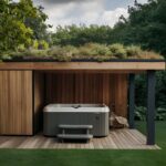 A hot tub structure featuring a green roof adorned with low-maintenance plants, providing insulation and a natural aesthetic