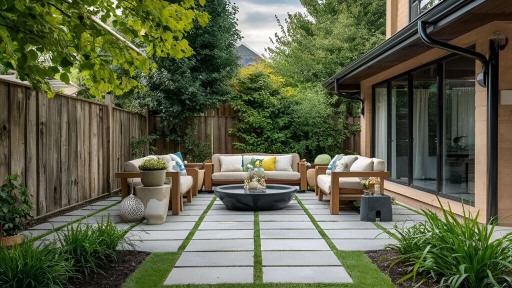 A patio adorned with striking, contemporary patterns achieved through color-blocking methods, where pavers in complementary hues create a vibrant and dynamic outdoor space