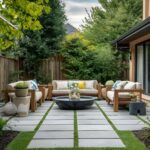 A patio adorned with striking, contemporary patterns achieved through color-blocking methods, where pavers in complementary hues create a vibrant and dynamic outdoor space