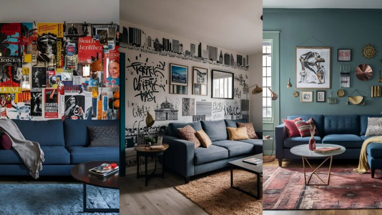 Collage of 3 images of Street Style Living Room Decor