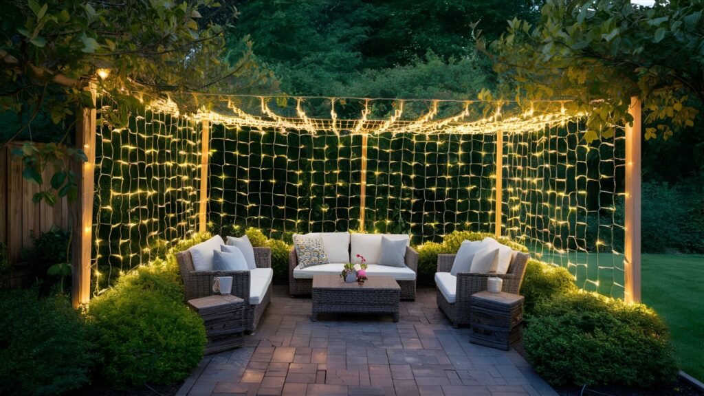 Depict a patio transformed into a magical fairy-tale setting with fairy light nets draped over shrubs and trees. The evenly twinkling grid of lights should create an enchanting evening atmosphere