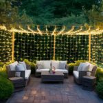 Depict a patio transformed into a magical fairy-tale setting with fairy light nets draped over shrubs and trees. The evenly twinkling grid of lights should create an enchanting evening atmosphere