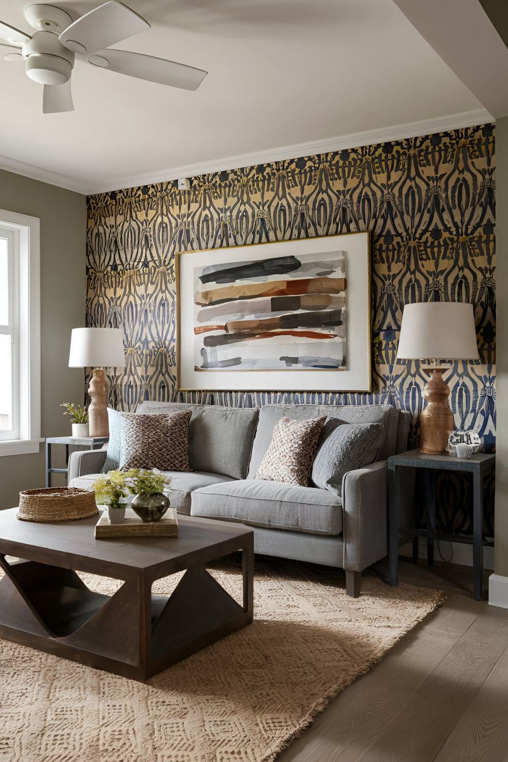 Living room wall with a bold, patterned wallpaper accent behind a sofa, surrounded by complementary wall colors