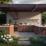 Outdoor kitchen surrounded by lush garden with flowers and vegetables