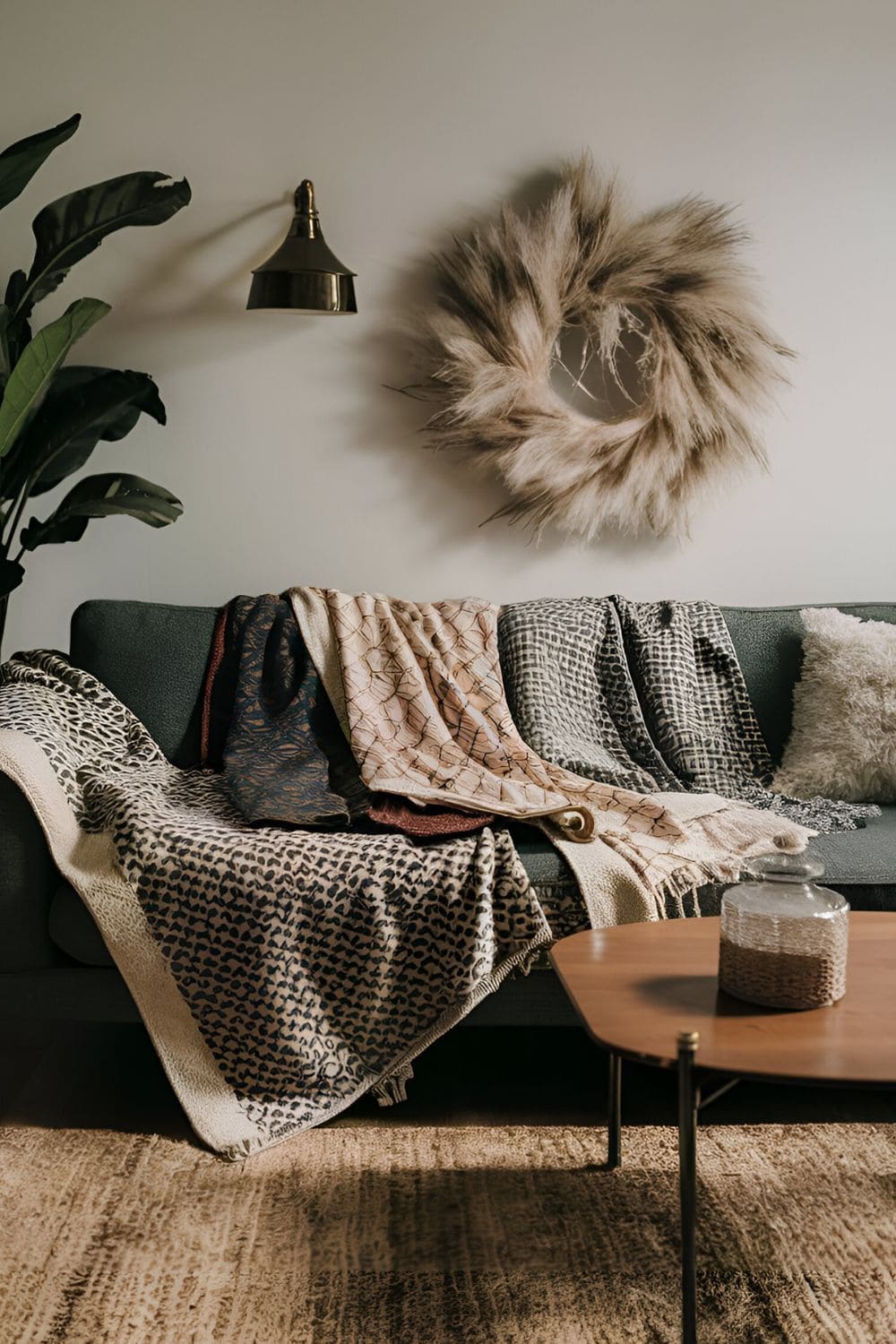 Sofa draped with multiple throw blankets in different patterns and materials