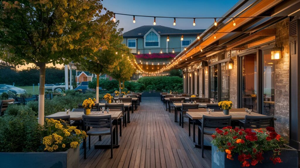 Outdoor patio ofa restaurant with seasonal decor under the night sky looking it's best