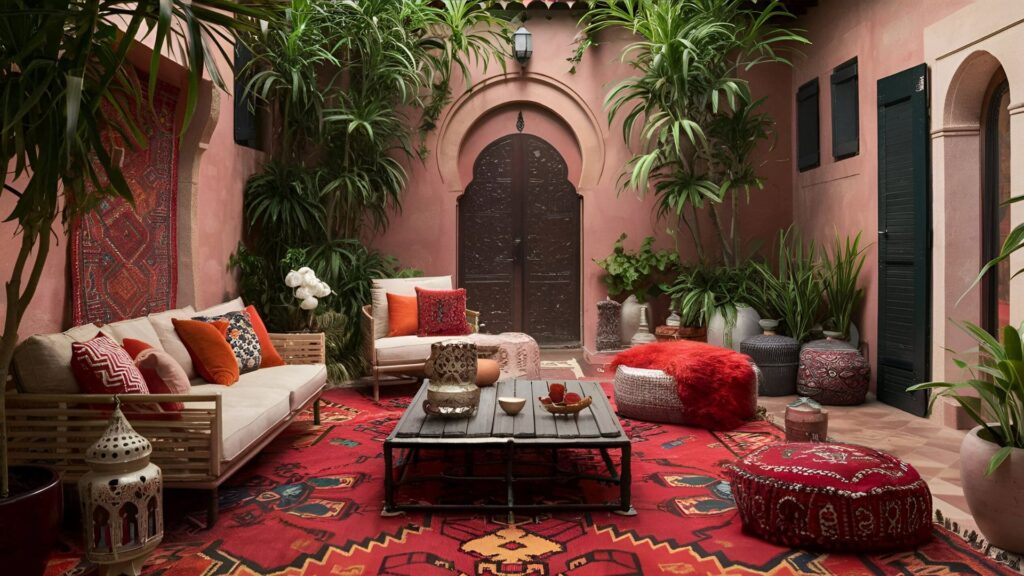 Moroccan rug in an outdoor patiogiving aesthetic and traditional vibes