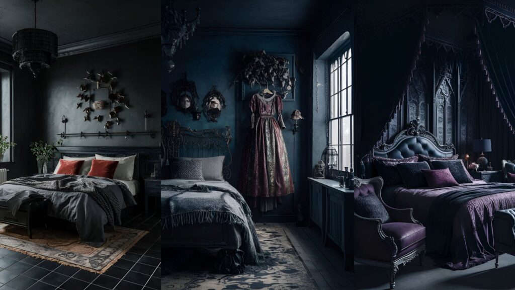 collage of 3 image of gothic bedroom decor