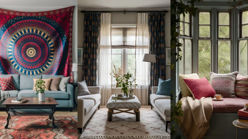 collage of 3 images for eclectic living room decor
