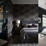 collage of 3 images of bedroom with moody decor