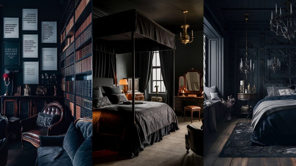 collage of 3 images of bedrooms with dark academia decor