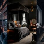 collage of 3 images of bedrooms with dark academia decor