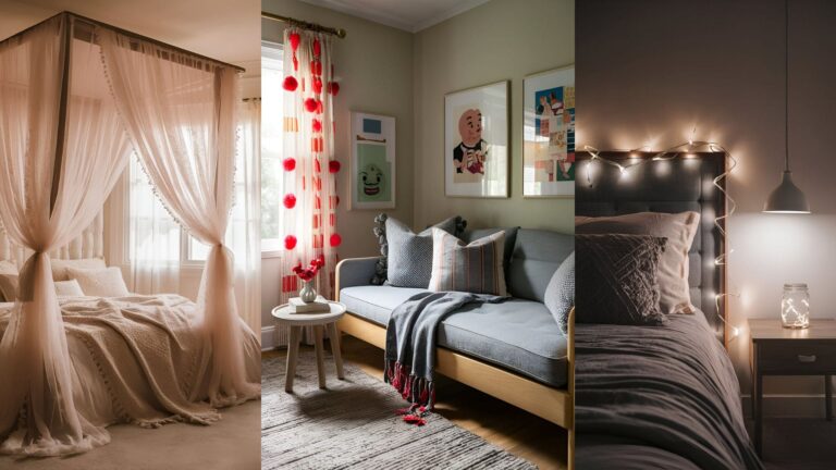 collage of 3 images of dreamy room decor ideas