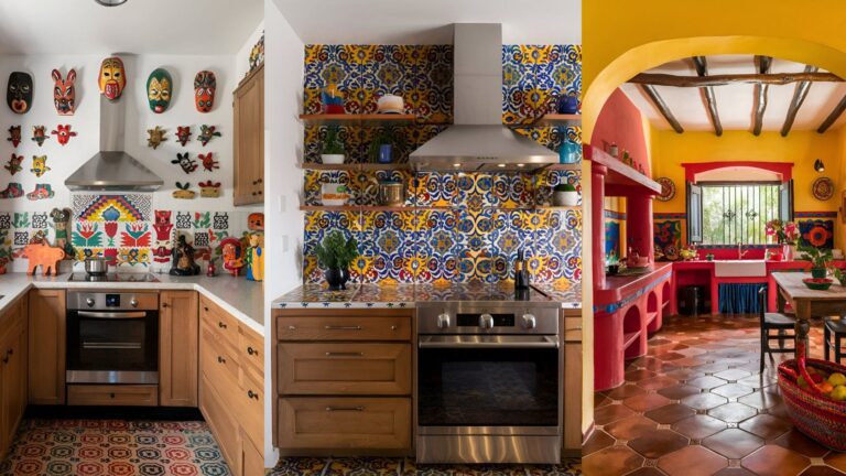 collage of 3 images of kitchen with mexican style decor