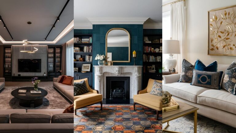 collage of 3 images of luxury living rooms