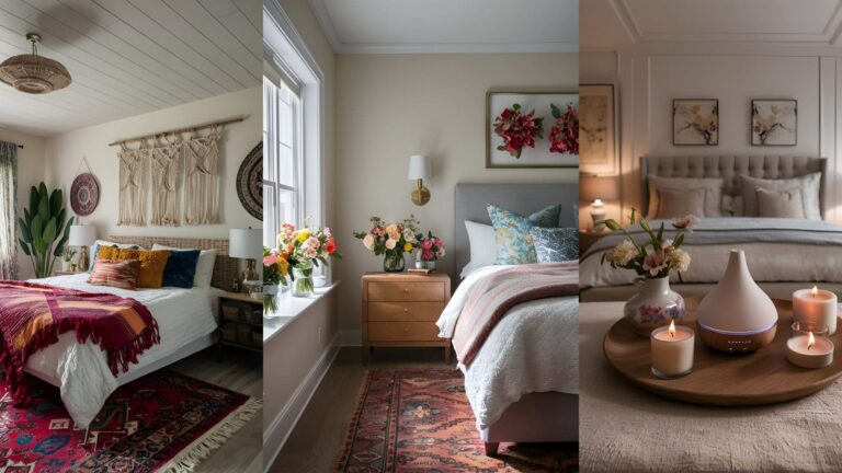 collage of 3 images of master bedrooms with aesthetic decor