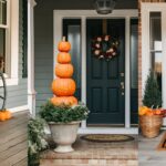 collage of 3 images of porch with fall decor