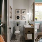 collage of 3 images of small bathroom decor ideas