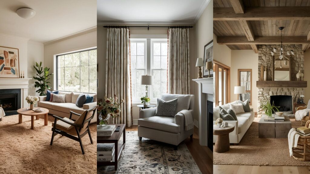 collage of three images of cozy living rooms