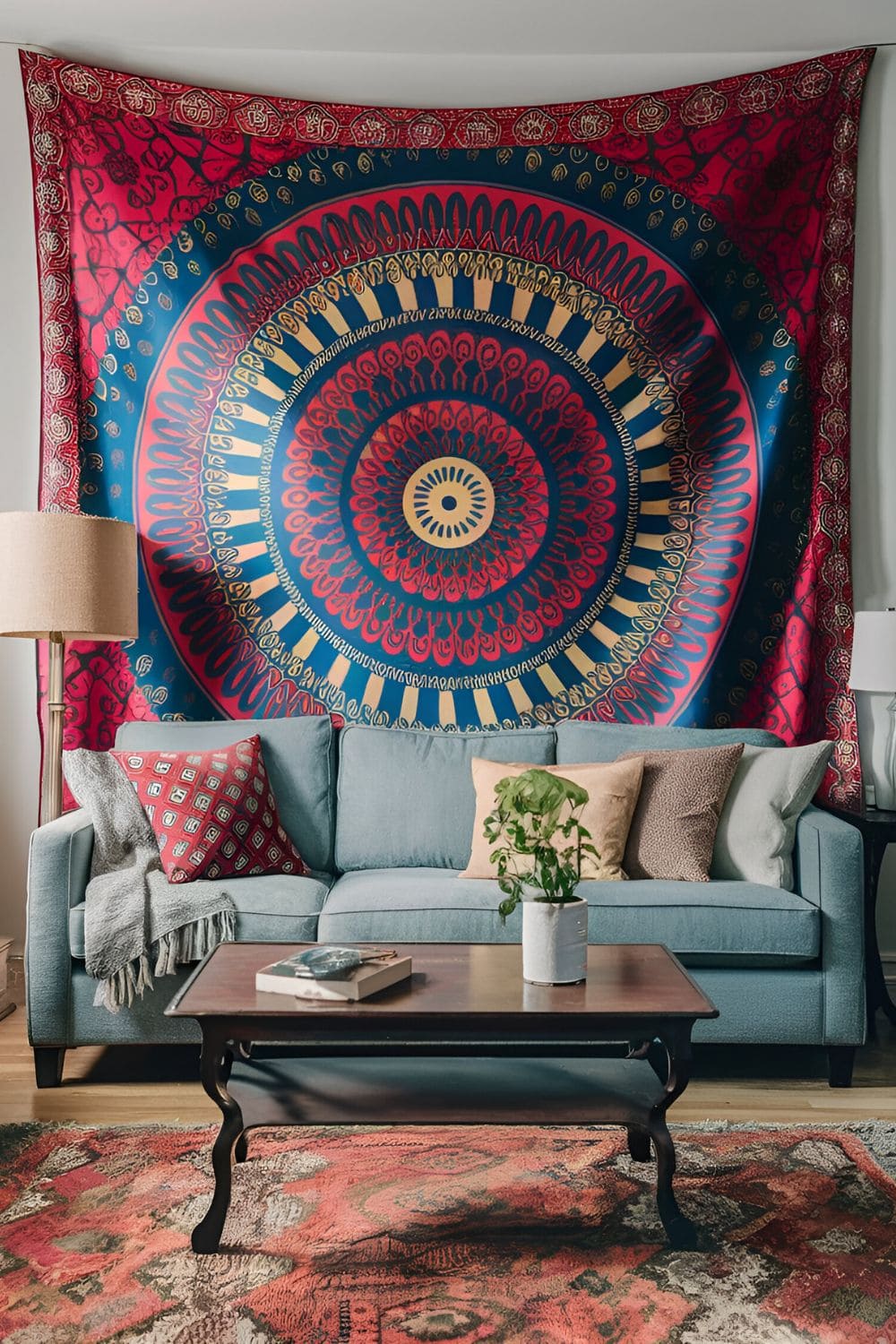 vibrant wall tapestry with bold patterns and colors hanging behind a sofa, serving as a bohemian focal point