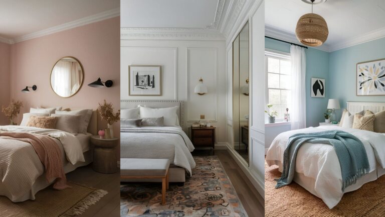 Collage of 3 images of bedrooms with colors which help reduce anxiety