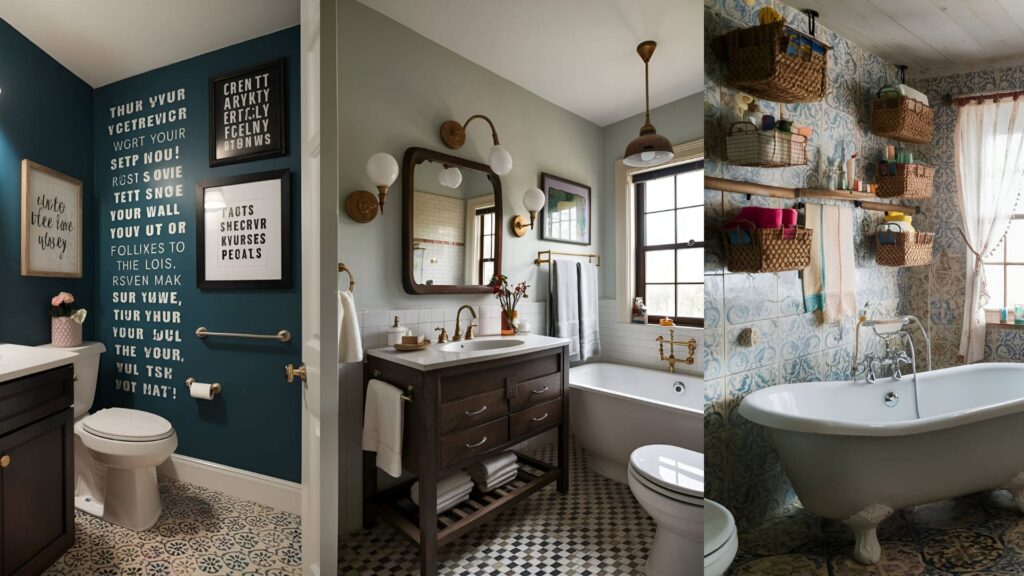 collage of 3 images of bathroom decor for teenage girls