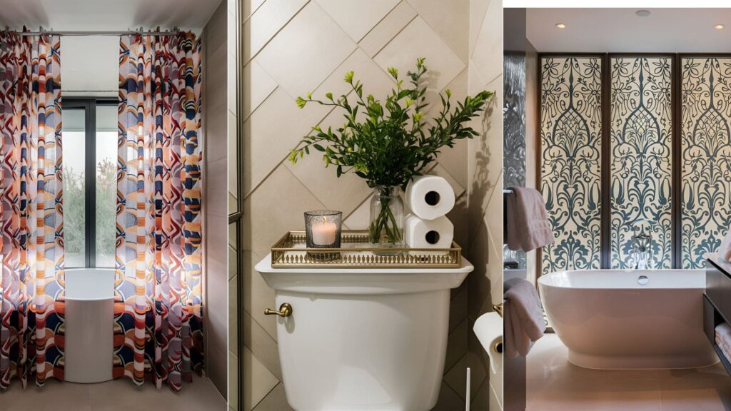 collage of 3 images of bathroom ideas for renters