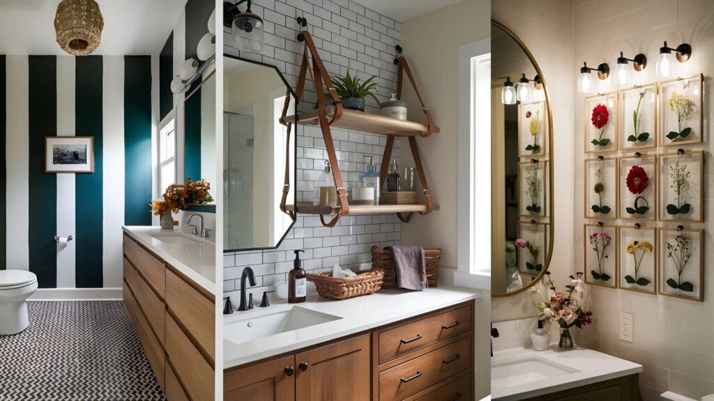 collage of 3 images of bathroom wall decor ideas