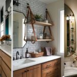 collage of 3 images of bathroom wall decor ideas