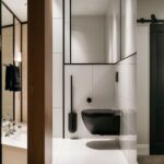 collage of 3 images of black bathroom decor ideas