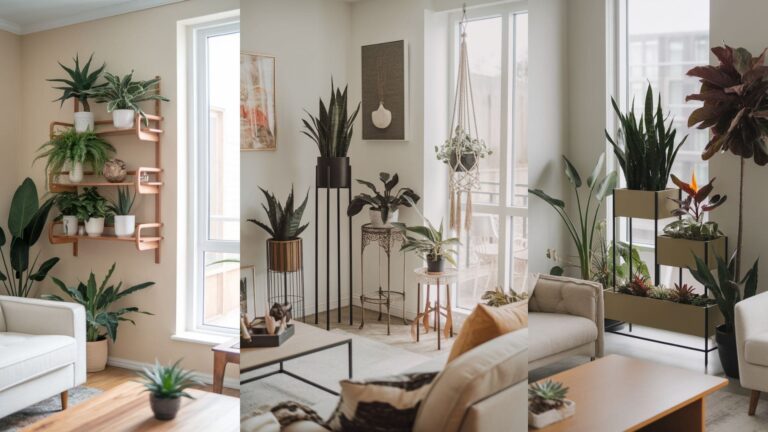 college of 3 images of living room with plants