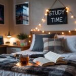 A photograph of a cozy college bedroom at night