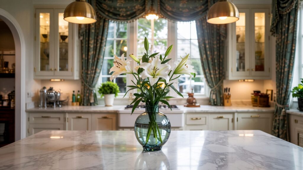 A photograph of a luxurious kitchen centered around a sprawling white marble island.
