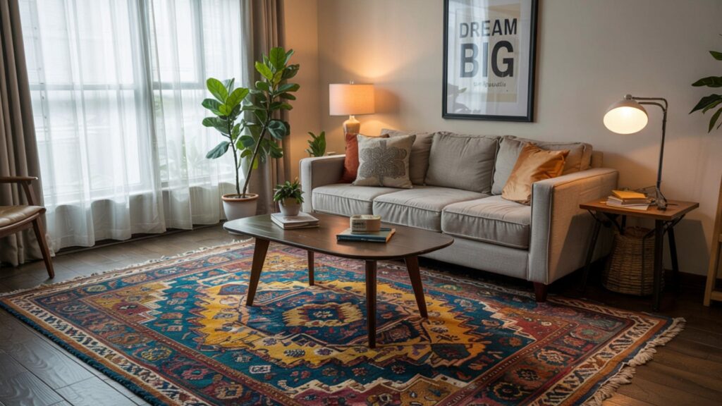 a photograph of a cozy dorm room living room.