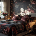 a-photograph-of-a-luxurious-bedroom in matching bedding with floral wallpaper