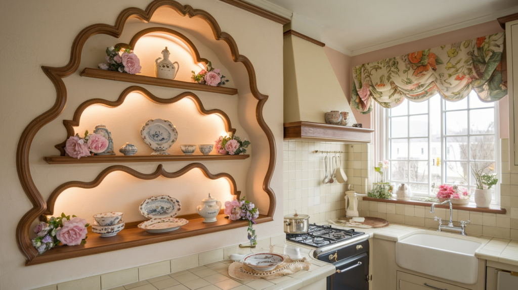 A vintage-style kitchen with a feminine touch. There's an arched niche shelf with scalloped wood edges
