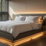 A photograph of a sleek, contemporary luxury bedroom featuring a king-sized platform bed with plush white linens