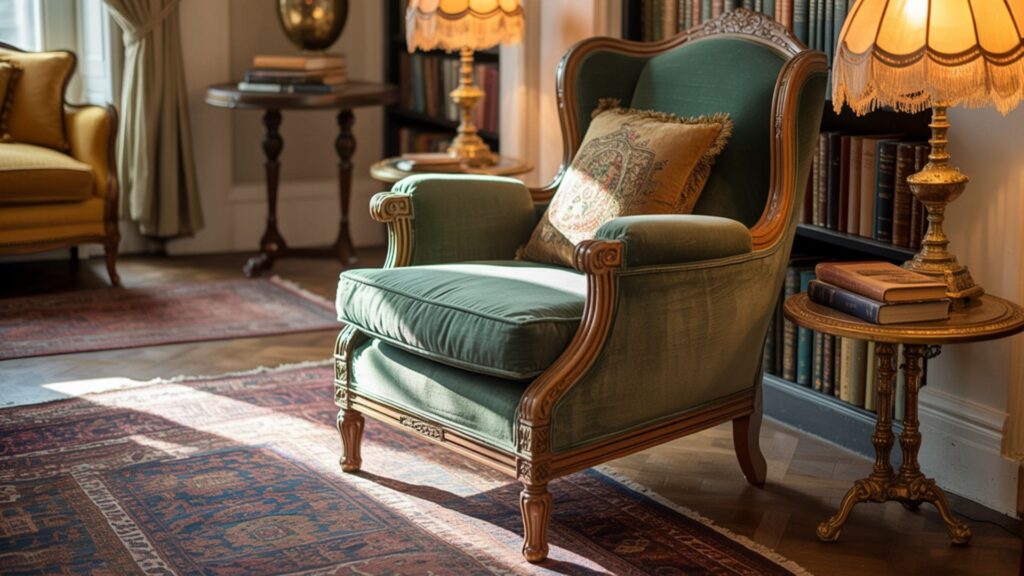 A photograph of a sun-drenched vintage living room featuring a plush, velvet armchair as the focal point.
