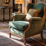 A photograph of a sun-drenched vintage living room featuring a plush, velvet armchair as the focal point.
