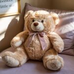 Large teddy bear placed in a cozy bedroom corner with soft lighting.