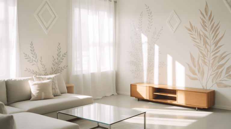 Minimal wall decals adding detail to a renter-friendly living room